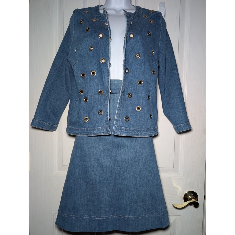 WEILL Paris Women's Denim Size 10 Jacket & Size 12 Skirt Set Gold Grommet